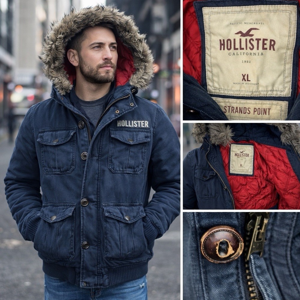 Vintage Hollister Strands Point Jacket Mens XL Blue Fur Trim Y2K Hoodie Coat